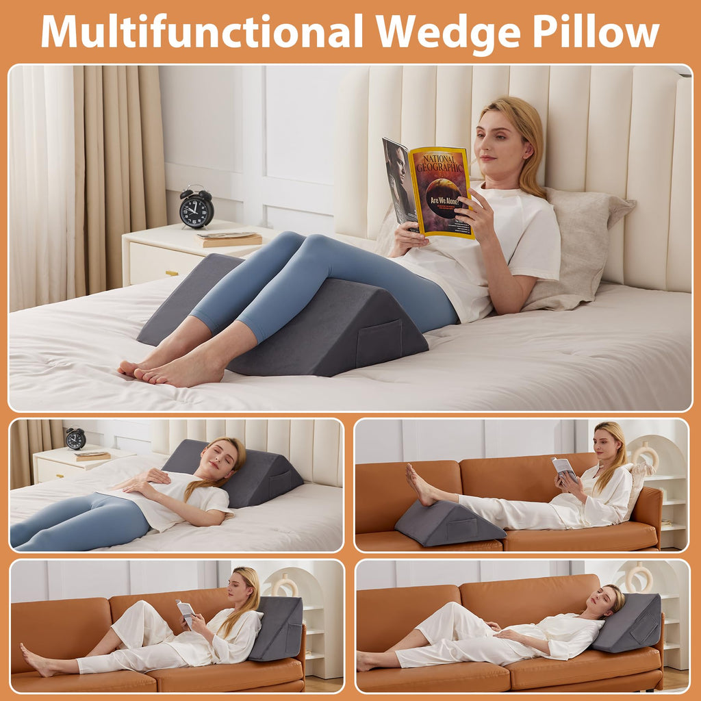 BIEEZZK Knee Wedge Pillow for Pain Relief - Memory Foam Leg Elevation Pillow for Post-Surgery Recovery, Sciatica, Hip & Back Support - Knee Wedge for Sleeping, Ankle & Joint Care, Velvet Grey