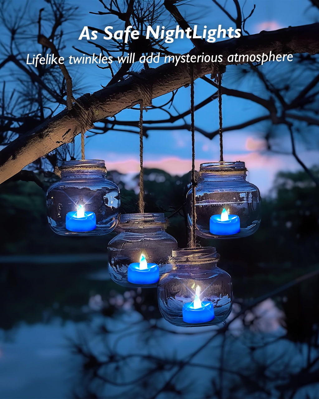 merrynights Flameless Candles, 24 Pack Tea Lights Candles Battery Operated, LED Tealight Candles, Realistic Tea Lights for Halloween Christmas Party Decor -D 1.5” x H 1.25” -Blue Candles