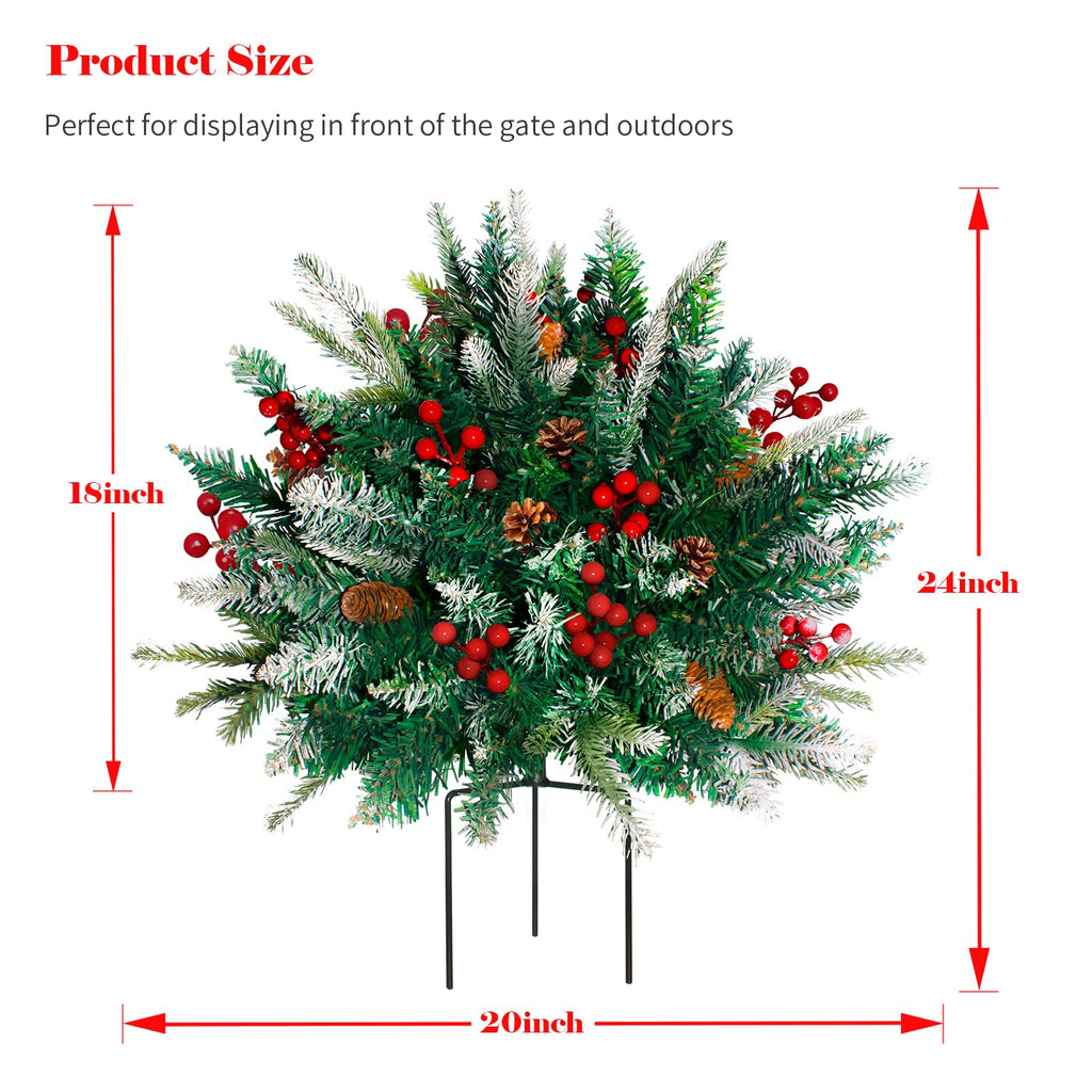 2 Pack Lighted Artificial Christmas Urn Filler, Battery Operated Pre-lit Xmas Pine Trees, Tripod Stake and 60 LED Lights, Holiday Porch Decorations for Porch, Yard, Garden, Flower Beds（Warm White）