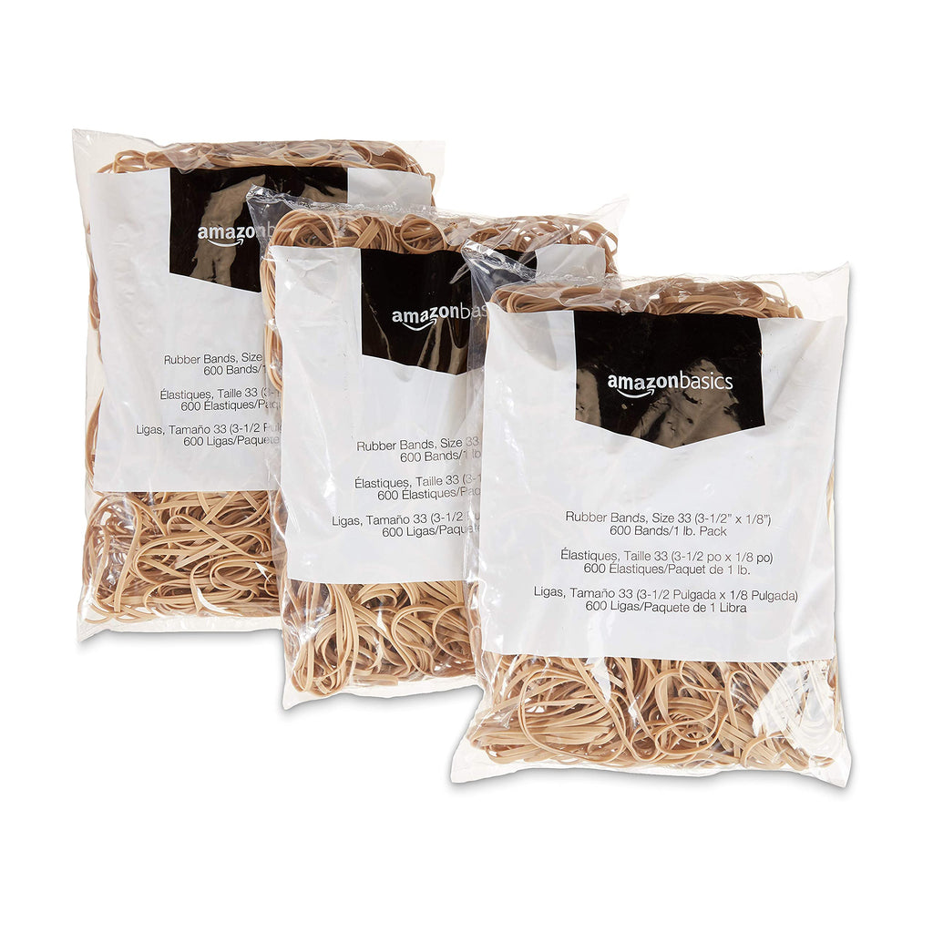 Amazon Basics Rubber Bands, Size 33 (3-1/2 x 1/8 Inch), 600 Bands/1 lb Pack, 3-Pack, Tan