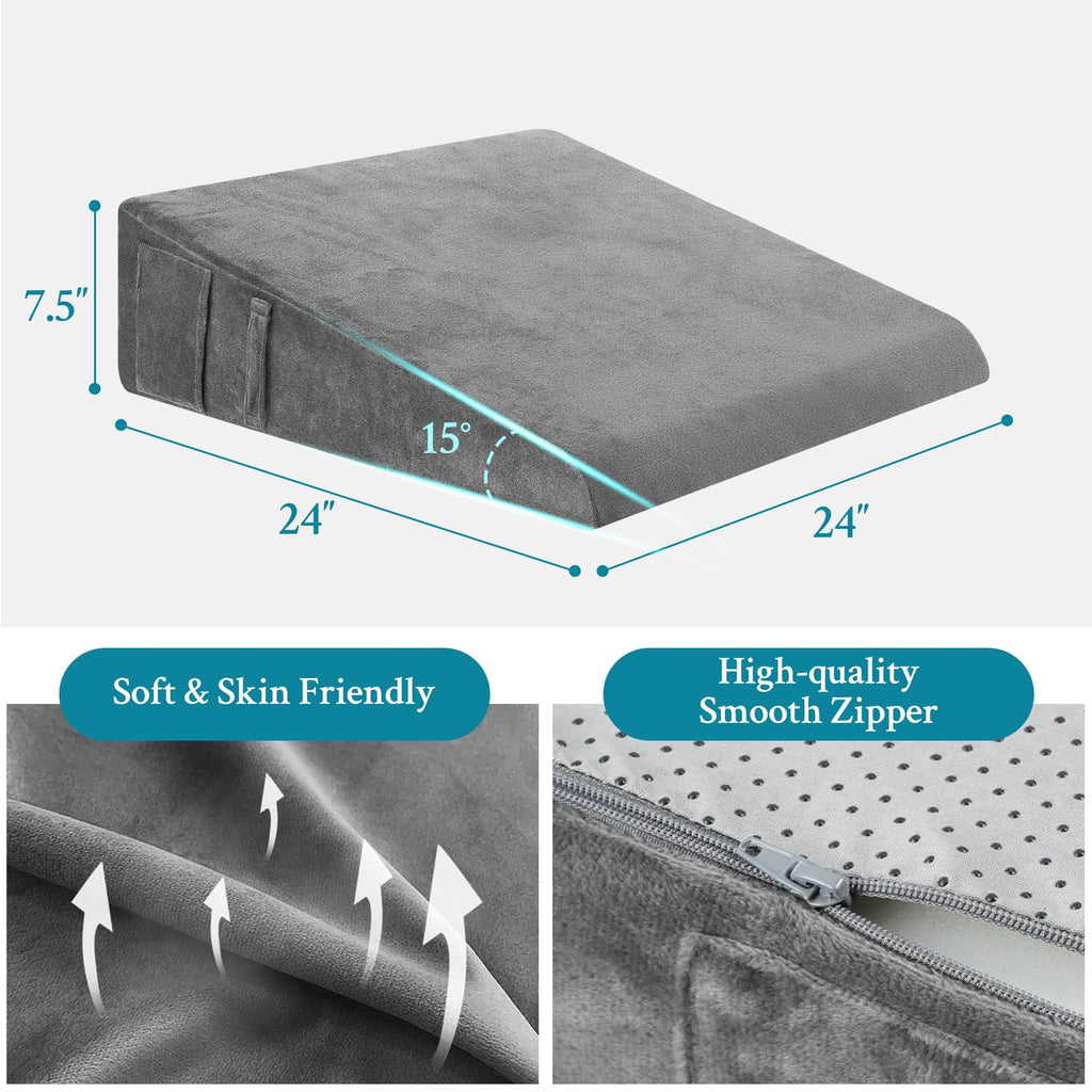 Domusensus Wedge Pillow for Sleeping, 7.5" Bed Wedge Pillow for After Surgery, Triangle Pillow Wedge for Heartburn, Acid Reflux, GERD, Back Pain Relief, Neck Pain, Soft & Cooling Memory Foam Top