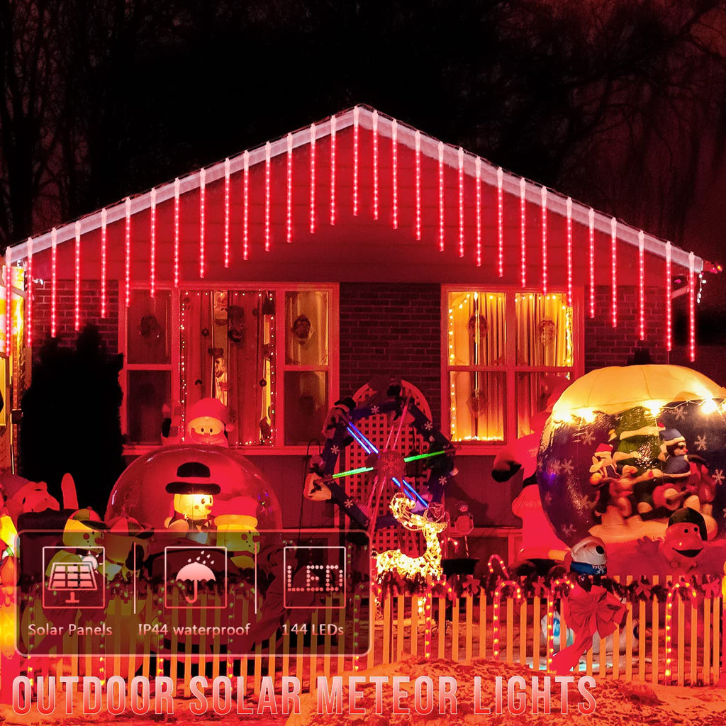 JMEXSUSS Red Solar Meteor Shower Rain Lights, 8 Tube 144 LEDs Solar Christmas Lights, Led String Lights for Xmas Halloween Tree Wedding Holiday Party Birthday Decoration