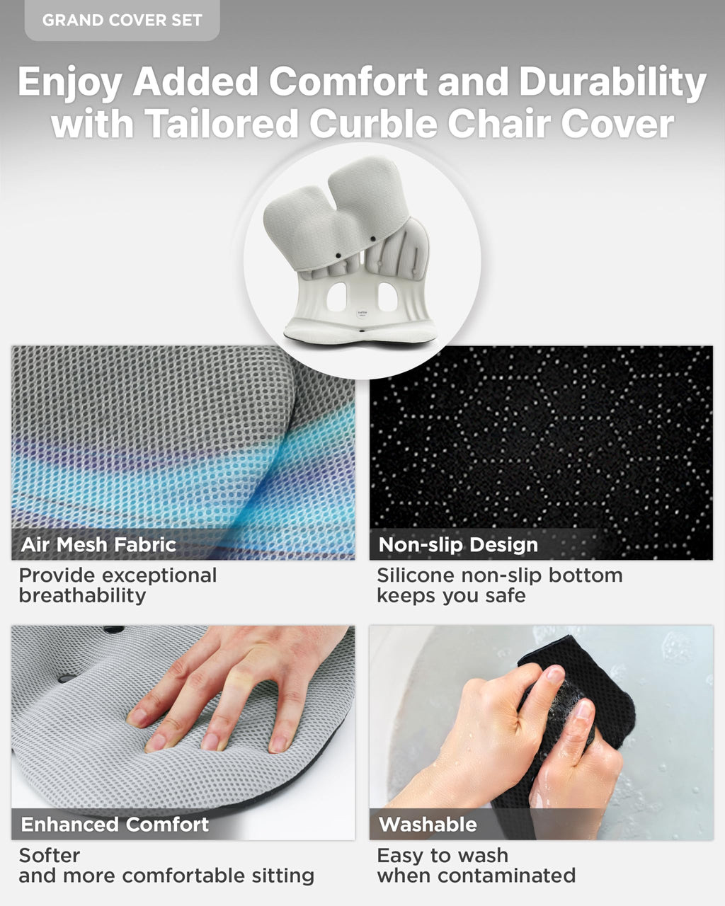 curble GRAND(Extra Wide&Sturdy) COVER SET – Ergonomic Back Support Chair with Detachable Cover, Lumbar Support for Posture Correction & Lower Back Pain Relief, Perfect for Home & Office(Set Grey)