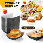 Yinkin 100 Pcs 2lb Paper Food Trays Boat 2lb Disposable Nacho Trays Kraft Paper Boat for Tacos Concession Halloween Christmas Party Supplies(Black)