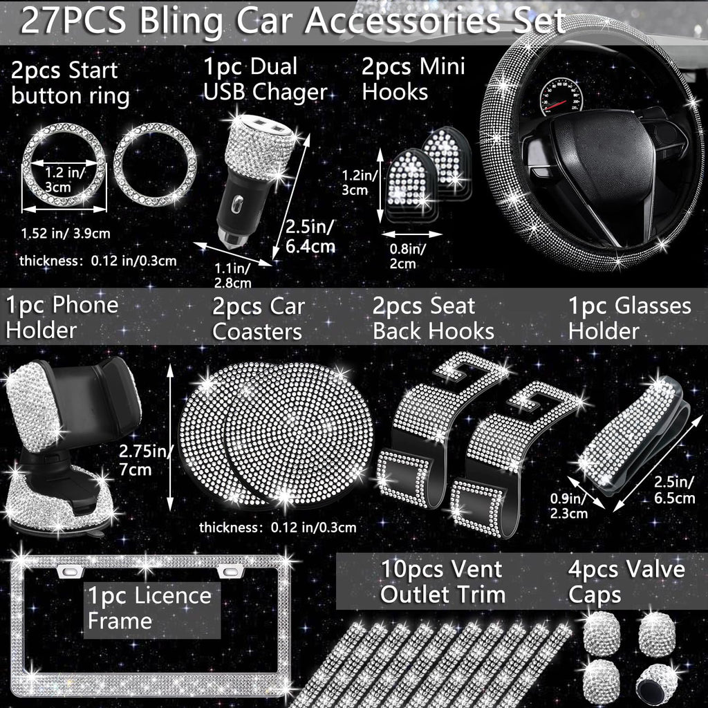 NBTEPEM 27 PCs Bling Car Accessories Set for Women, Steering Wheel Covers Universal Fit 15 Inch, Bling License Plate Frame, Bling Phone Holder, Bling Car Coasters (Silver Diamond)