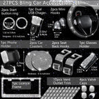 NBTEPEM 27 PCs Bling Car Accessories Set for Women, Steering Wheel Covers Universal Fit 15 Inch, Bling License Plate Frame, Bling Phone Holder, Bling Car Coasters (Silver Diamond)