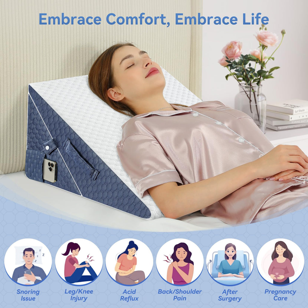Wedge Pillow with Memory Foam Top, 9 & 12 Inch Bed Wedge for Acid Reflux, Back Pain, Heartburn, 7 in 1 Cooling-Gel Pillow Wedge for After Surgery, Adjustable Elevated Pillows for Sleeping, GERD