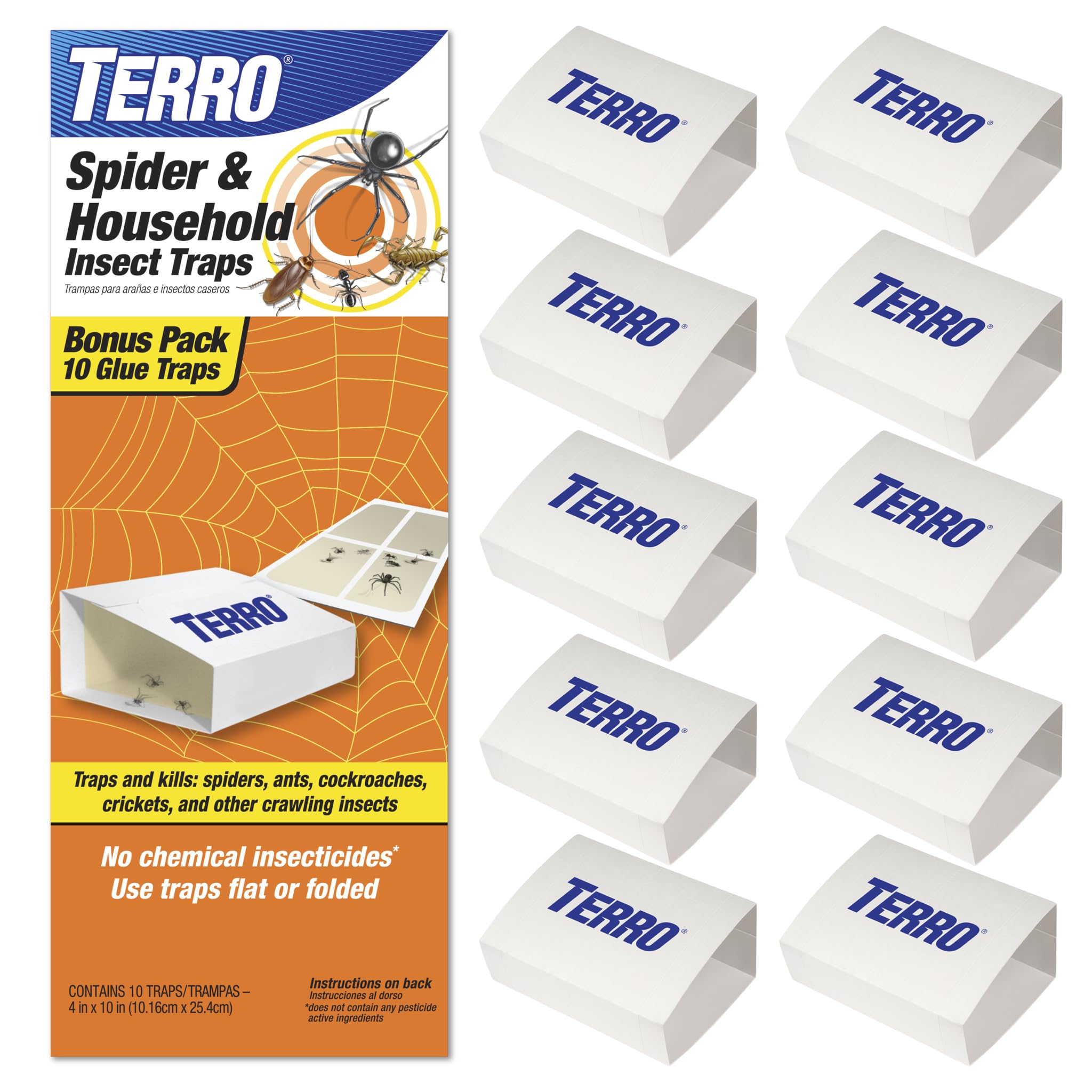 TERRO Spider & Insect Trap T3206 10-Pack Sticky Glue Traps for Roaches, Spiders, Ants, Cockroaches, Crickets - Indoor Bug Catcher Pest Control Traps, 4.25 in x 10 in