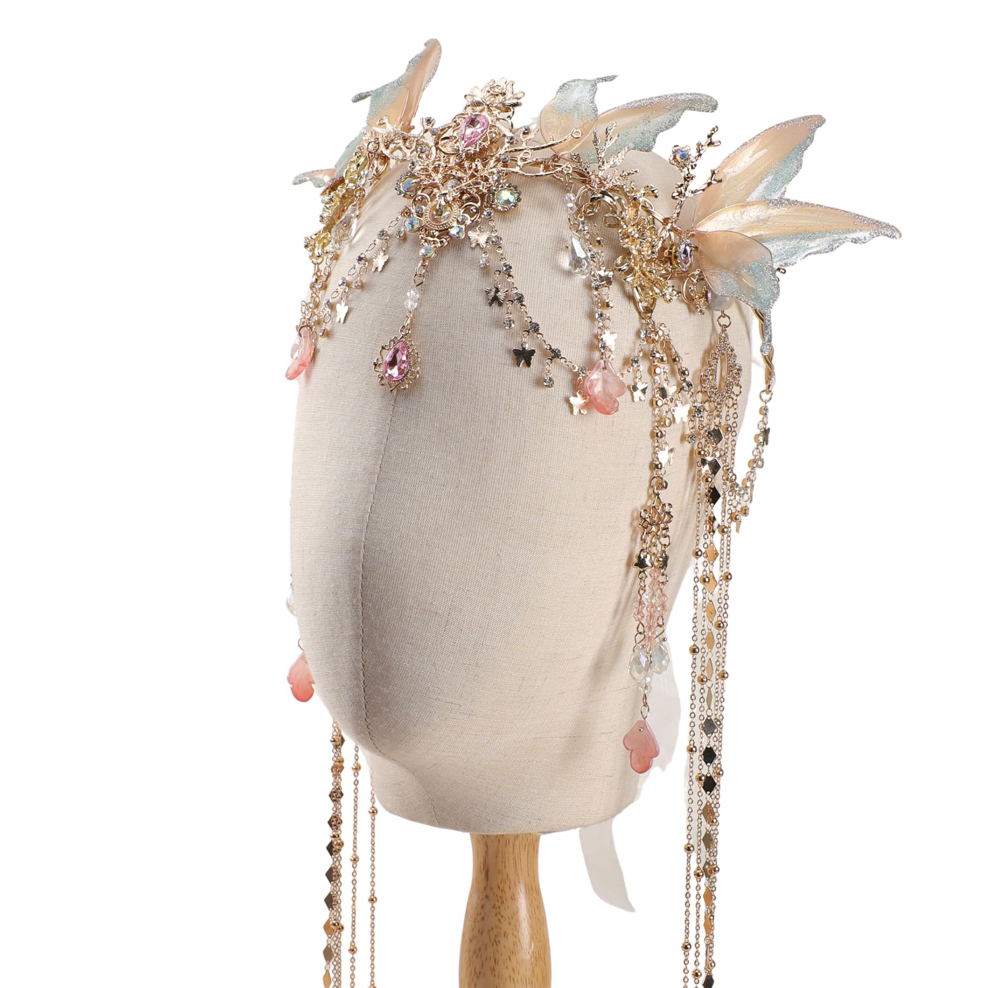 FRESHME Renaissance Butterfly Elf Fairy Crown - Fairy Headband with Pink Butterfly Wings Elf Headpiece with Tassel Elven Tiara Wedding Renfaire Dress Up Cosplay Christmas Accessories for Women
