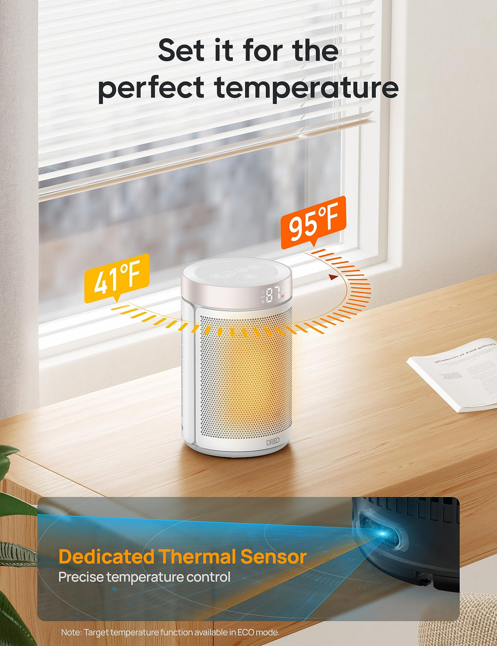 Dreo Space Heaters for Indoor Use, Portable Heater with Thermostat, 1-12H Timer, Eco Mode and Fan Mode, 1500W PTC Ceramic Fast Safety Heat for Office Bedroom Home, White, Without Remote