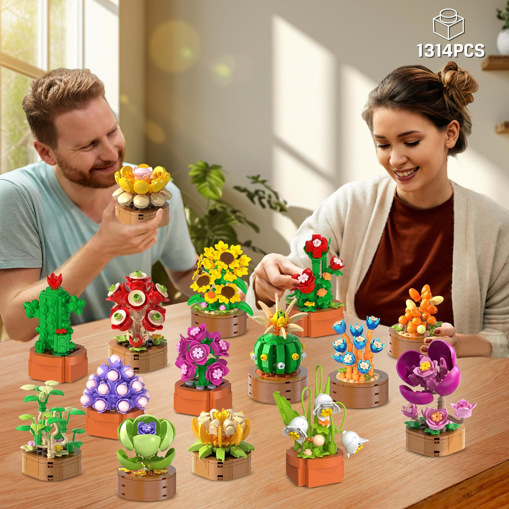 15 Pack Flowers Plants 3.6MM Mini Building Sets - 1314PCS Flower Succulents Botanical Collection for Home Office Décor Block Toy, Party Favors for Christmas Mother's Day Birthday Adults Kids Girls 10+