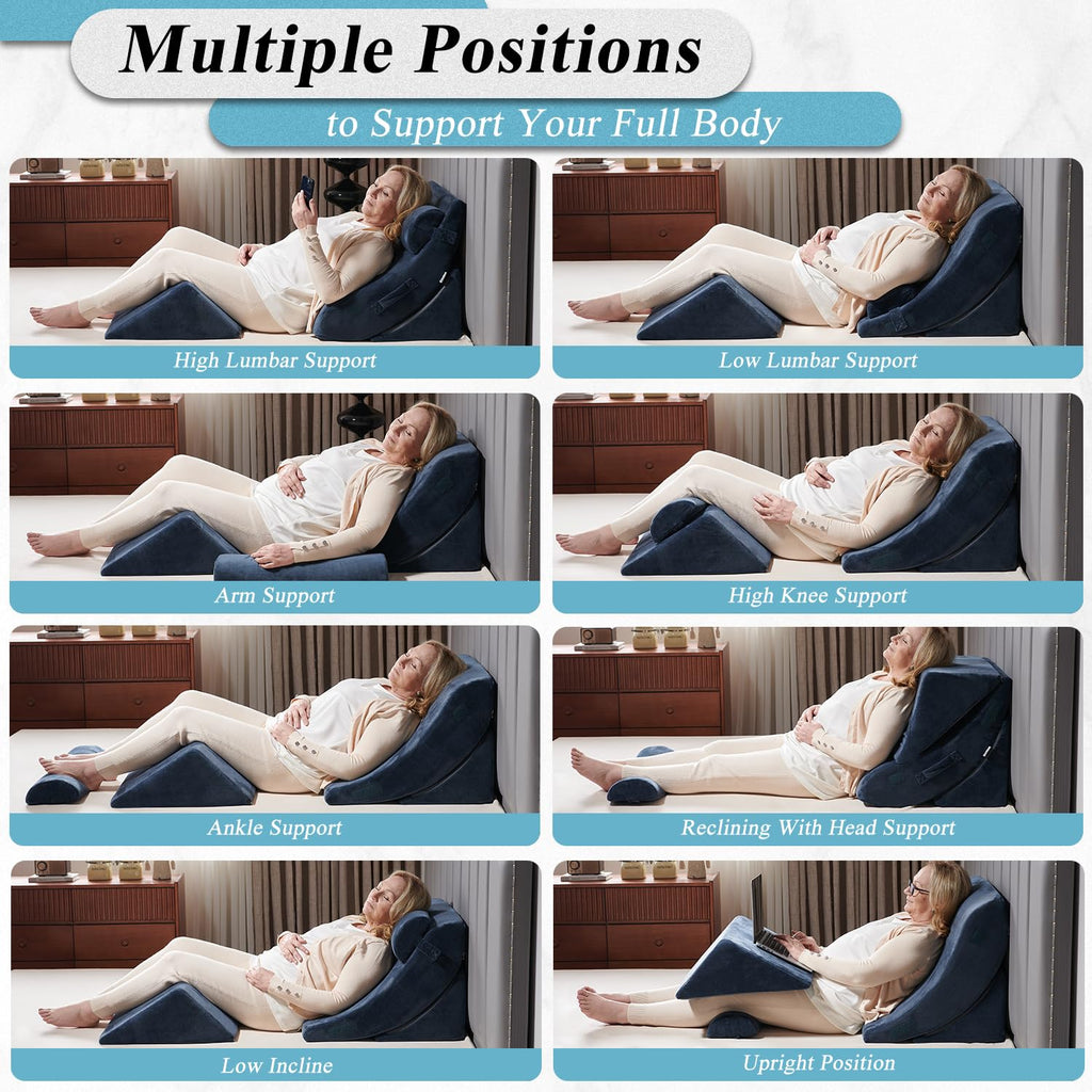 Qirroboni 4PCS Orthopedic Bed Wedge Pillow Set, Adjustable Pillows for Neck Back and Leg Pain Relief Comfortable & Post Surgery Foam- Heartburn Anti Snoring Acid Reflux & GERD Sleeping Full Navy