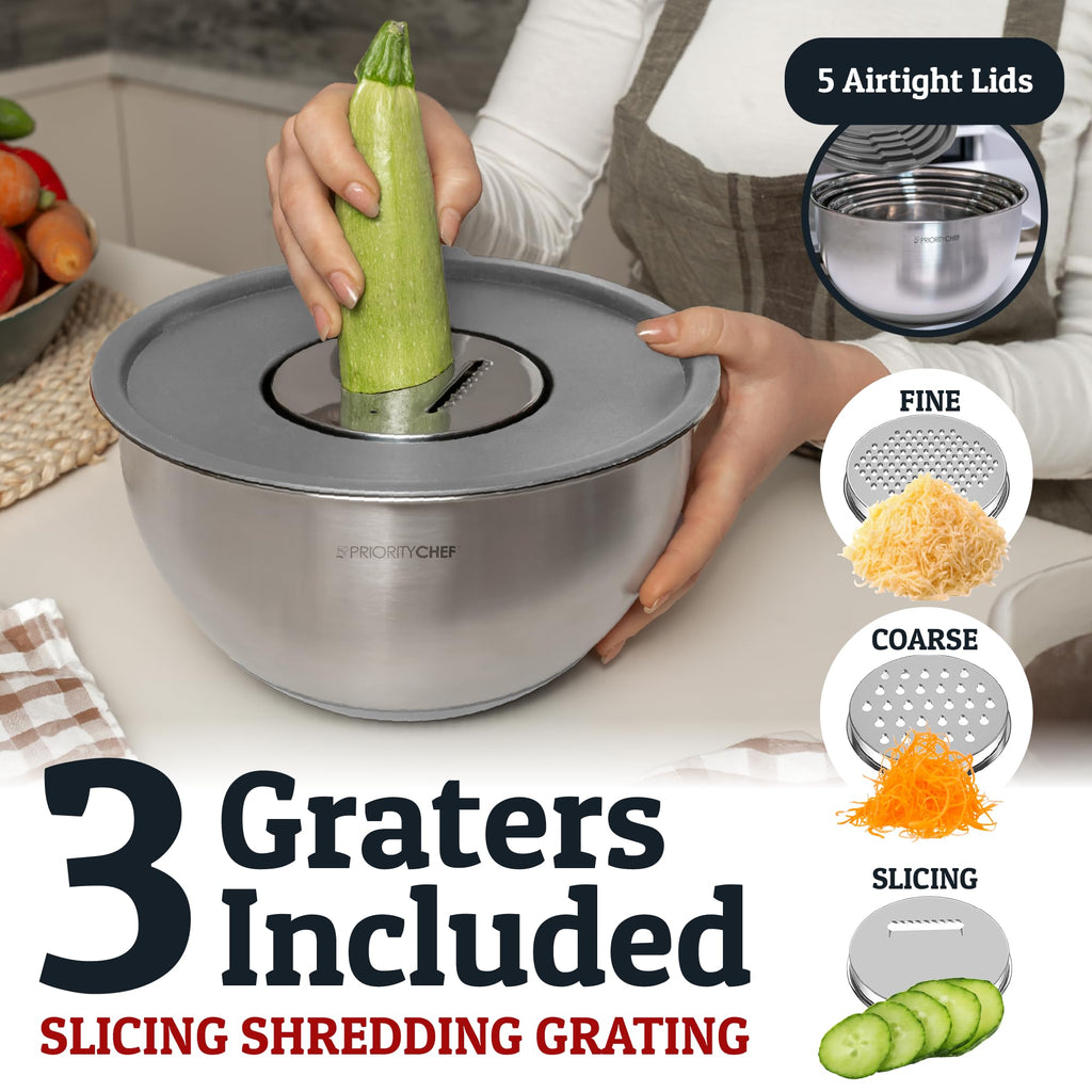 Priority Chef Stainless Steel Mixing Bowls with Lids Set, 3 Grater Attachments, Airtight Lids, Non-Slip Silicone Base Mixing Bowl Set, Large Prep Metal Mixing Bowls for Kitchen, Grey