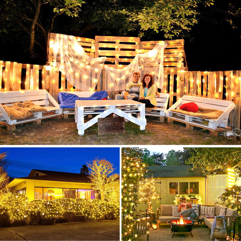 KNONEW 203FT Outdoor Christmas Fairy Lights Plug in,600 LED String Lights Outdoor Waterproof 8 Modes Memory Times for Wedding Bedroom Walls Garden Trees Decoration(Warm White)