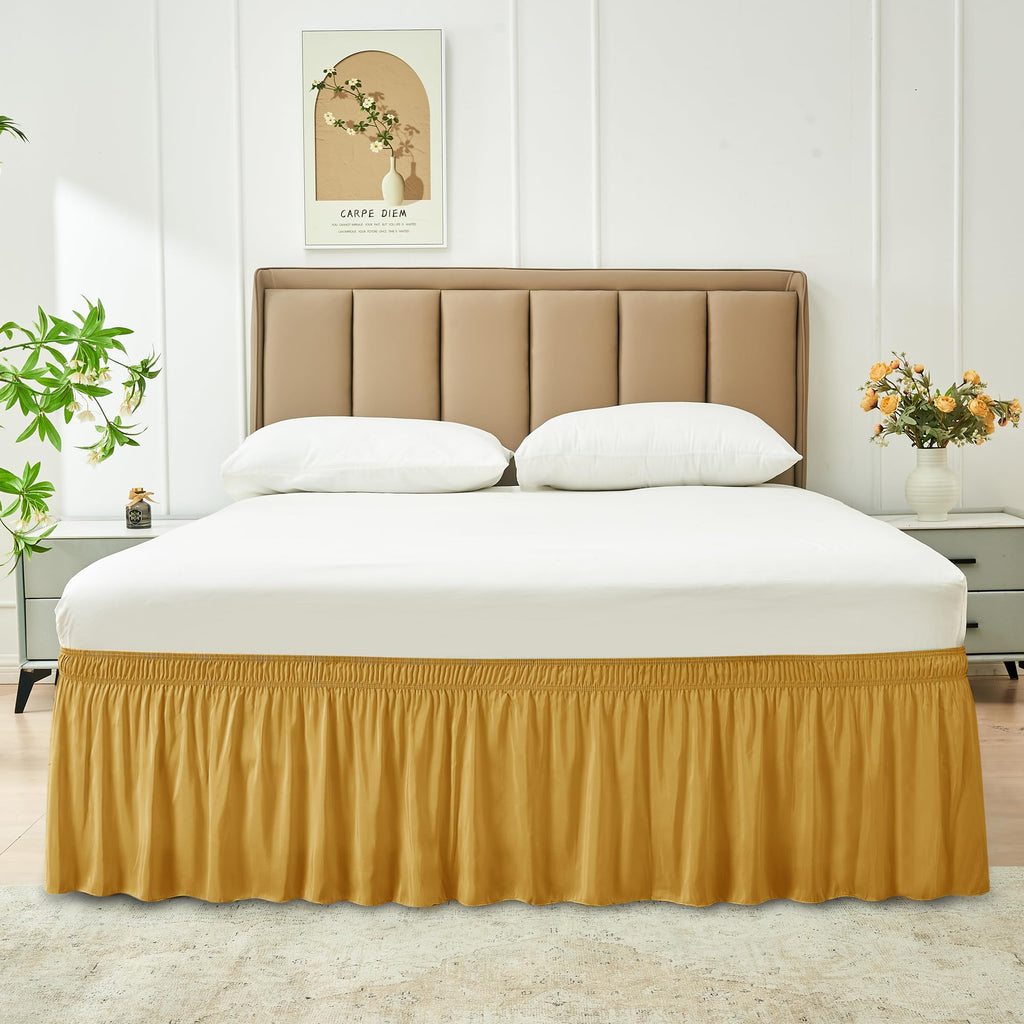 Biscaynebay Wrap Around Bed Skirts for Queen Beds15 Drop, Christmas Gold Adjustable Elastic Dust Ruffles Easy Fit Wrinkle & Fade Resistant Silky Luxurious Fabric Machine Washable