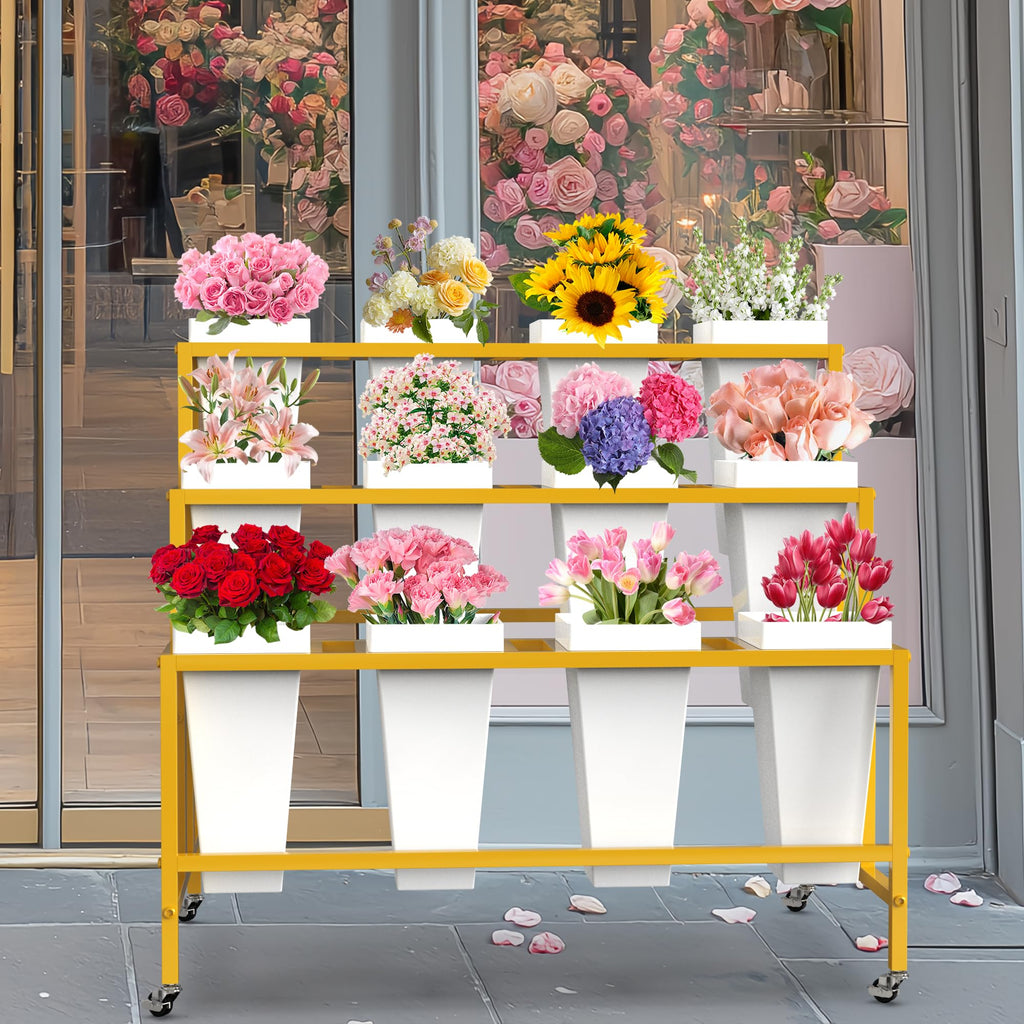 VGMiu Flower Display Stand with 12 Buckets, Flower Cart 3 Layers Gold Metal Flower Bar Stand with Wheels, Moving Florist Bouquet Shelf for Weddings Florist Indoor Outdoor Patio Garden Living Room
