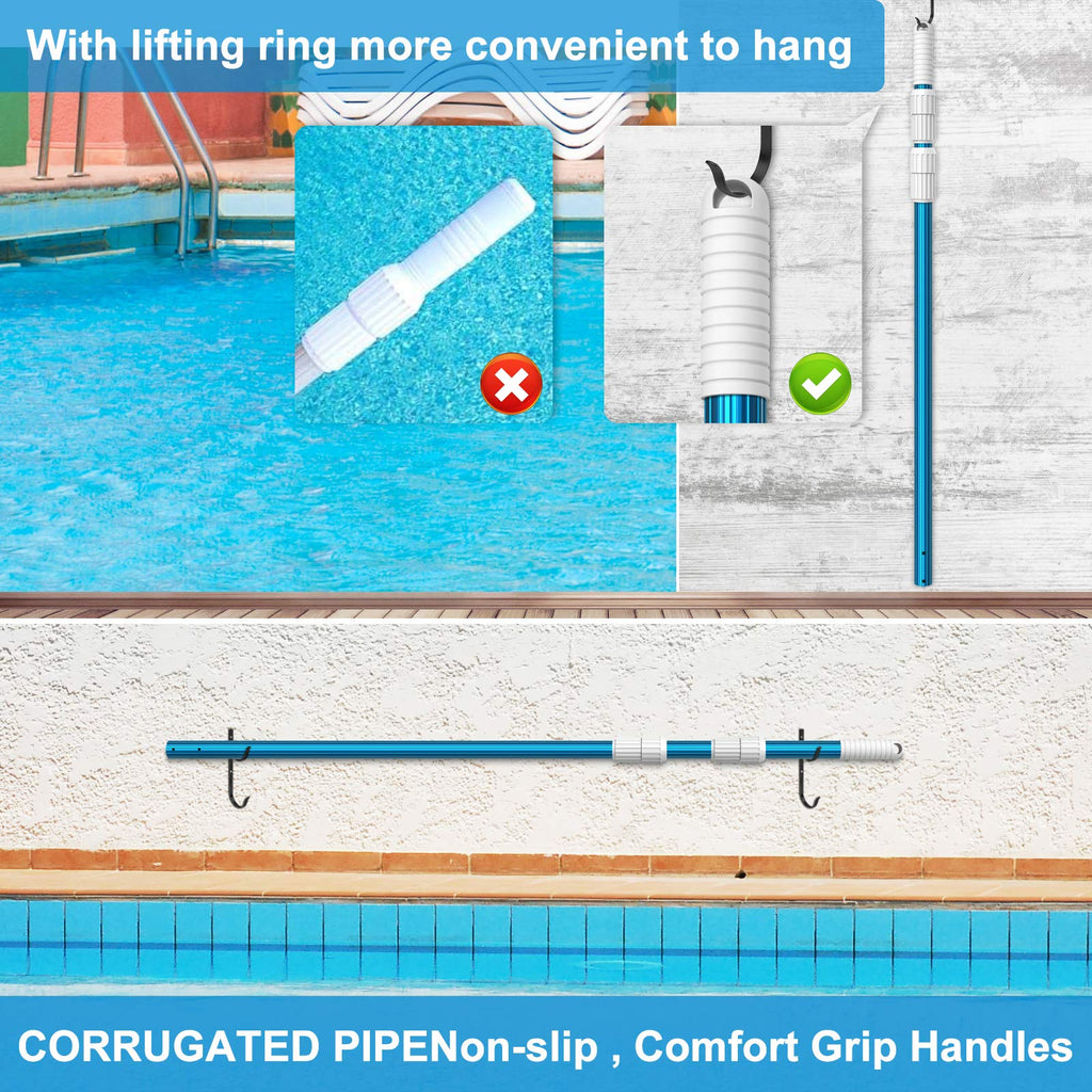 CKE Upgraded 12 Feet Thicken 1.3mm Blue Aluminum Telescoping Swimming Pool Pole,Adjustable 3 Piece Expandable Step-Up,Attach Connect Skimmer Nets,Rakes,Brushes,Vacuum Heads with Hoses, Universal 1.25"