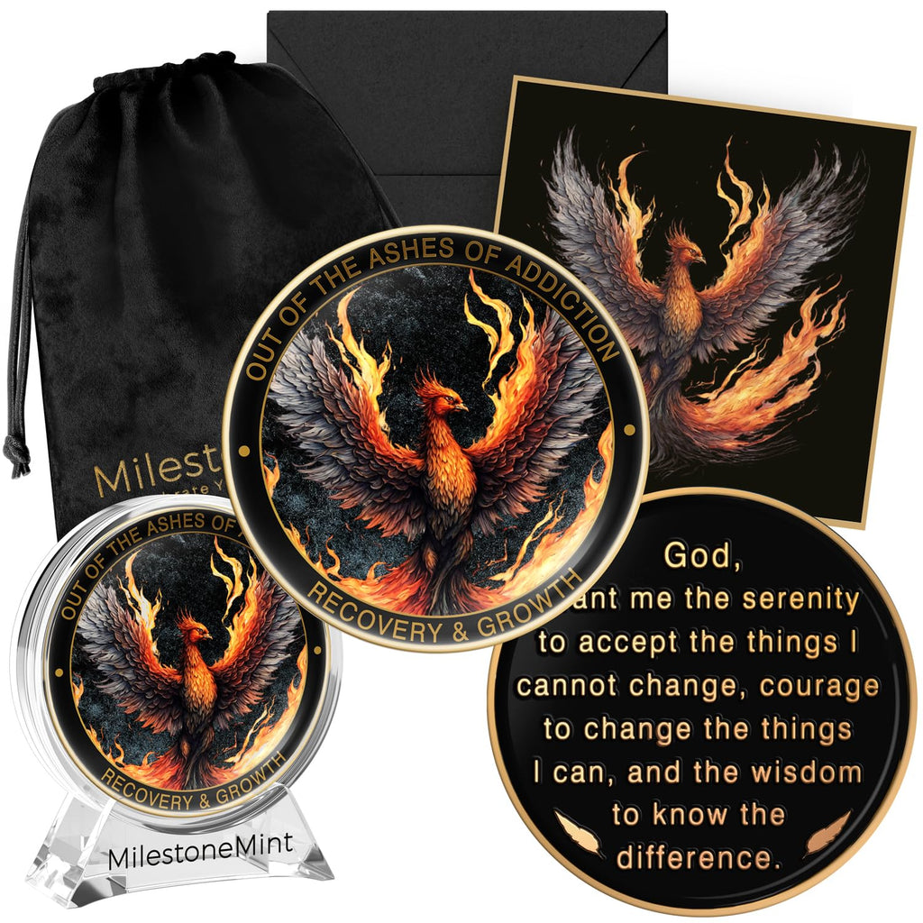 MilestoneMint Phoenix Sobriety Coin | AA Chip Medallion Gift Set with Coin Capsule, Display Stand & Card for Sober Men & Women in Recovery | Sobriety Gifts for Anniversary Month & Year