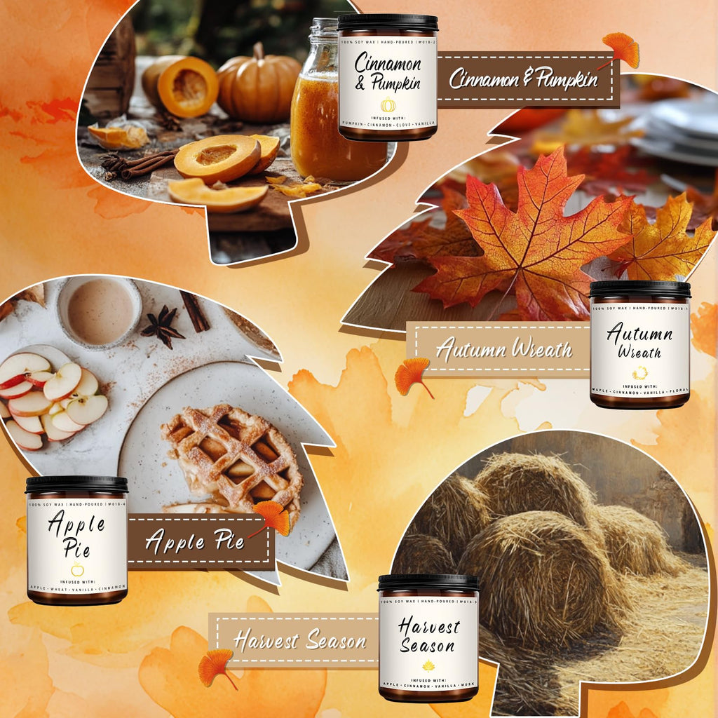 Fall Candle Set | 4pack Fall Scented Candles for Home - Soy Candles for Home Scented, Autumn Candle Set, Fall Candle Gifts - Fall Scents of Pumpkin/Apple Pie/Harvest/Autumn Wreath