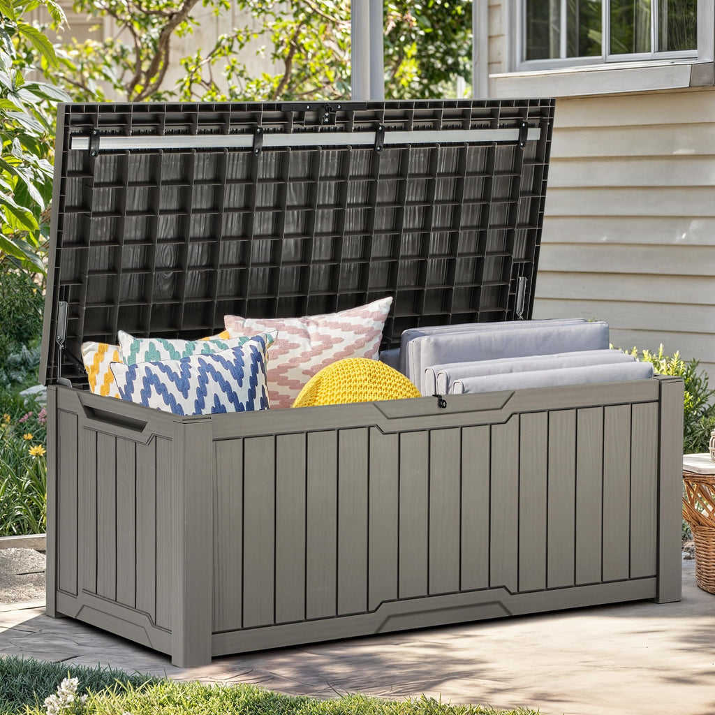 YITAHOME Outdoor Storage Box, 120 Gallon Waterproof Deck Box for Garden Tools, Patio Cushions, and Pool Accessories, Lockable, Easy Assembly, Versatile Bench or Table (Light Brown)