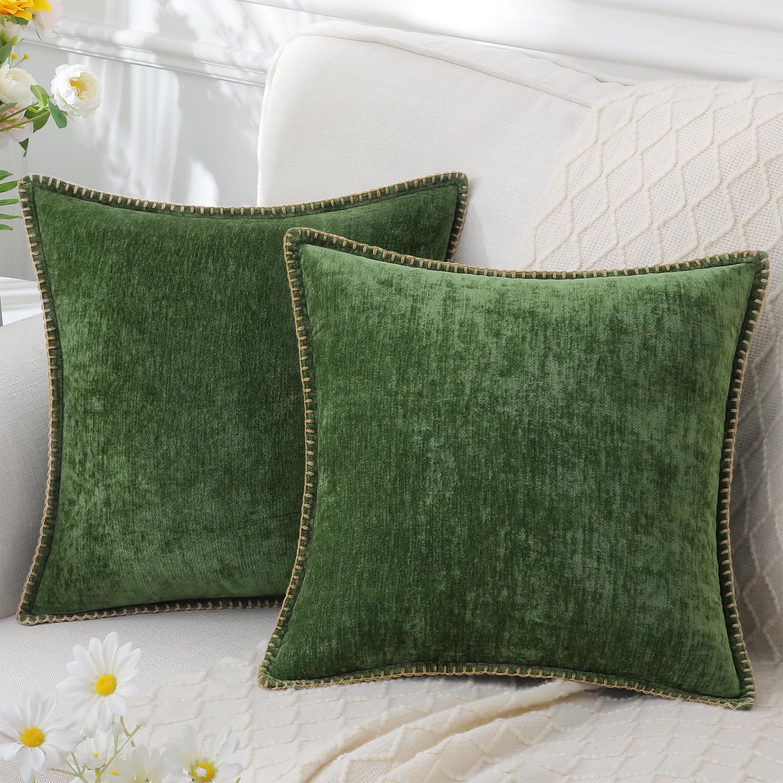 decorUhome Christmas Chenille Soft Throw Pillow Covers 24x24 Set of 2, Farmhouse Velvet Pillow Covers, Decorative Square Pillow Covers with Stitched Edge for Couch Sofa Bed, Forest Elf