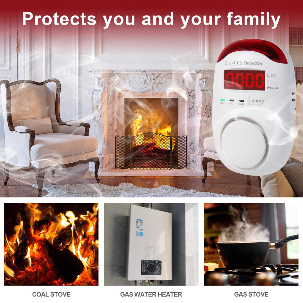 Combination Gas & Carbon Monoxide Detectors - Koabbit Plug in Carbon Monoxide Detector,Propane, Natural,Methane, Explosive Gas Detector Alarm & CO Detector Alarm for Home,Easy to Read