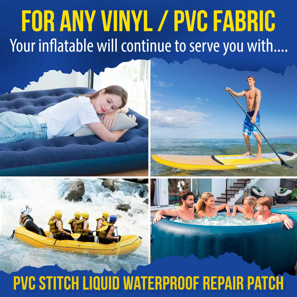 PVC Stitch Liquid Patch – Air Mattress Patch Kit Heavy Duty, Inflatable Patch Glue for PVC & PU, Inflatable Boats, Rafts, Kayaks, SUP, Hot Tubs, Waterbeds, Bounce Houses. Waterproof, 3-hr Cure, 20 ml