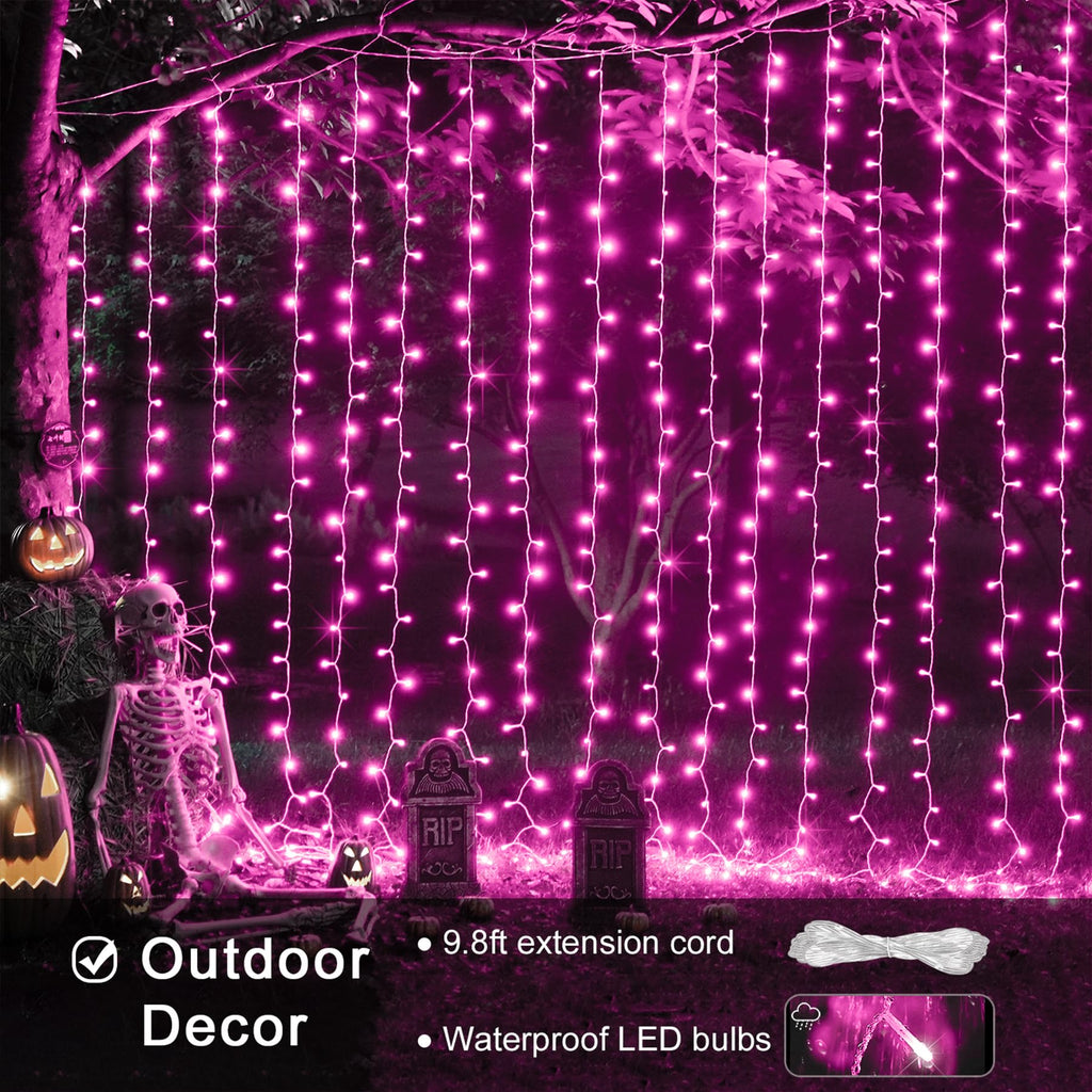 JMEXSUSS 300 LED Remote Control Pink Curtain Lights, 8 Modes Pink Christmas Lights Indoor, Pink String Lights for Bedroom Window Wall Party Backdrop Valentine Xmas Decorations (9.8x9.8ft)