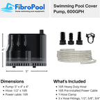 FibroPool Pool Cover Pump - Submersible Electric Utility Water Pumps - 16 Foot Heavy Drain Hose - for All Swimming Pools, Spas and Hot Tubs