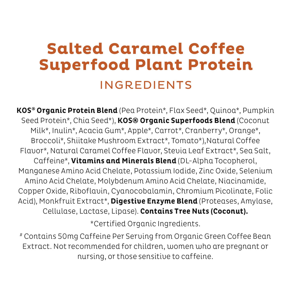 KOS Organic Vegan Protein Powder with 50mg Caffeine, Salted Caramel Coffee - Pea Protein Blend, Plant Based Superfood Rich in Vitamins & Minerals - Meal Replacement for Women & Men, 28 Servings