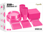 350 Pcs Plastic Dinnerware Set Includes 50 Of Each 9" Cerise Plastic Dinner Plates | 7" Plastic Dessert Plates | 12 oz Plastic Cups | Cerise Napkins | Plastic Spoons, Forks & Knives Exquisite