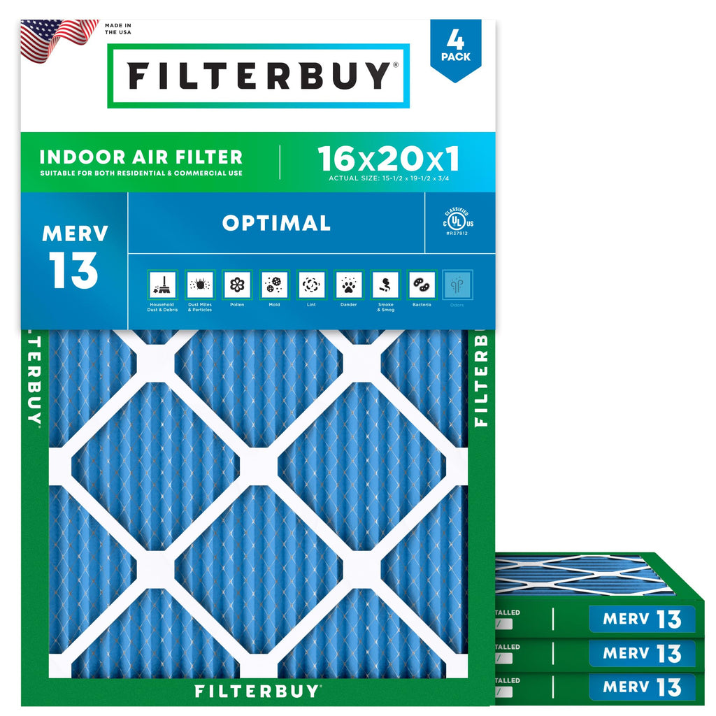 Filterbuy 16x20x1 Air Filter MERV 13 Optimal Smoke & Allergy Defense (4-Pack), Electrostatic Pleated HVAC AC Furnace Filters Replacement, Made in USA (Actual Size: 15.50 x 19.50 x 0.75)