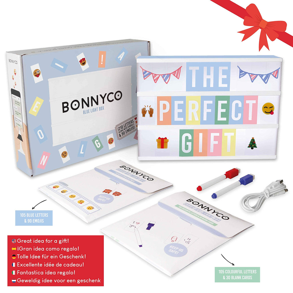 Blue Cinema Light Box with 400 Letters, Emojis & 2 Markers - BONNYCO | Led Light Box Boy Bedroom Decor & Baby Shower | Light Up Sign Letters Board Gifts for Boys and Children for Birthdays & Christmas