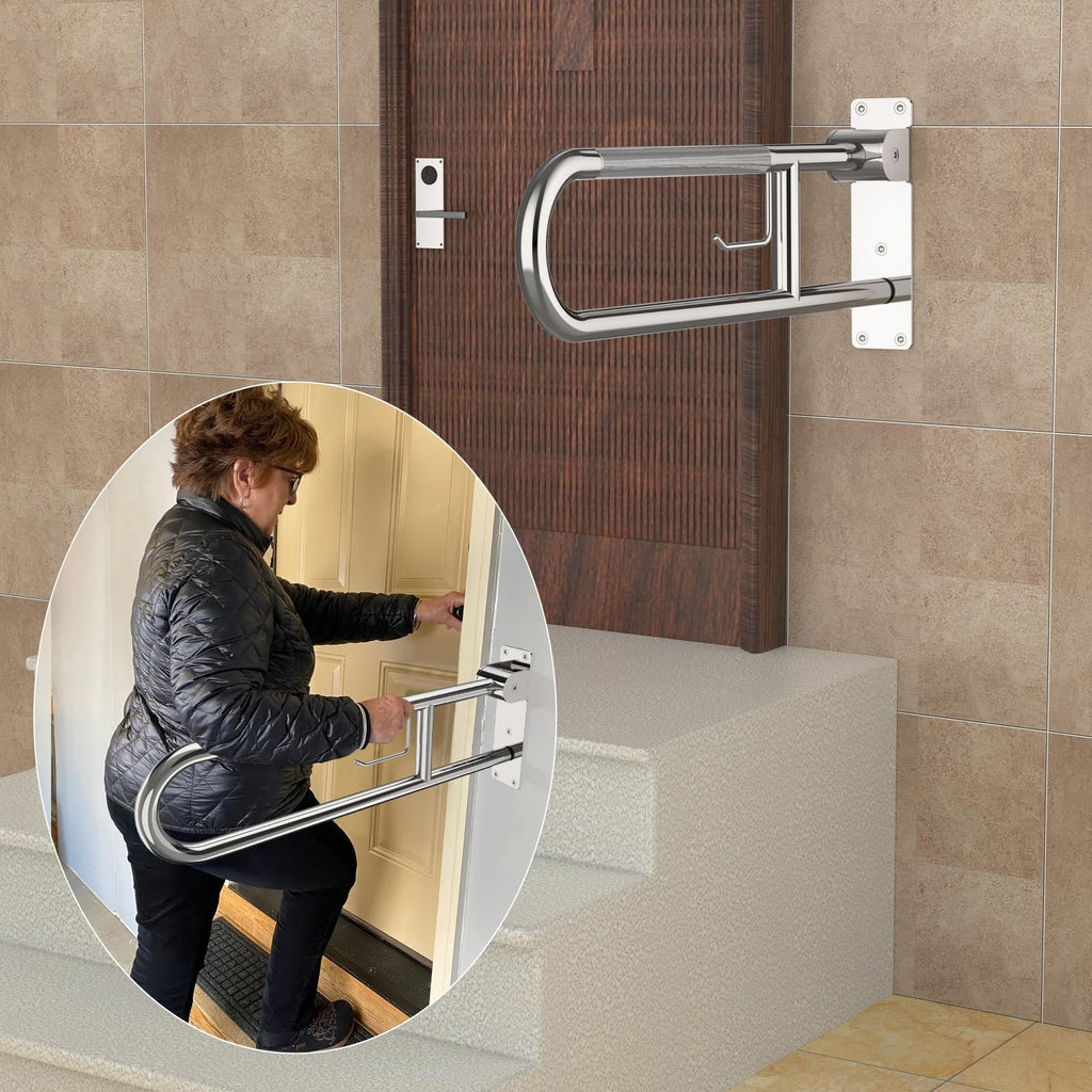 Toilet Grab Bar 30.3 Inch, YuanDe Flip Up Grab Bar with Paper Holder, Polished Chrome Anti-Slip Safety Bars for Toilet, Stainless Steel Knurled Toilet Handles for Seniors Disabled Elderly Pregnant