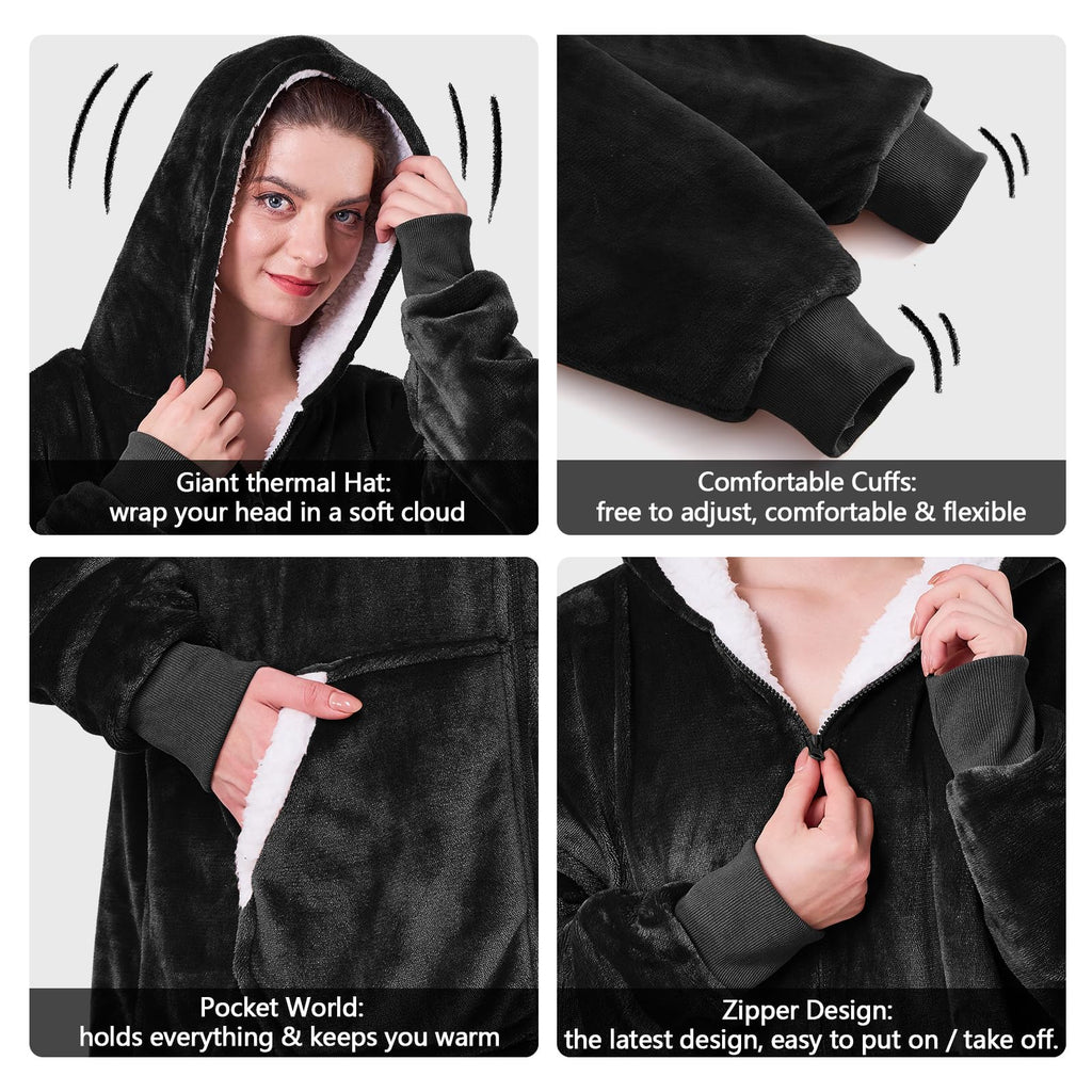 JOYWOO Wearable Blanket Hoodie, Oversized Hooded Blanket for Adult, Birthday Christmas Gifts for Women Men, Cozy Fuzzy Sherpa Sweatshirt Blanket with Giant Pocket and Zipper, Black