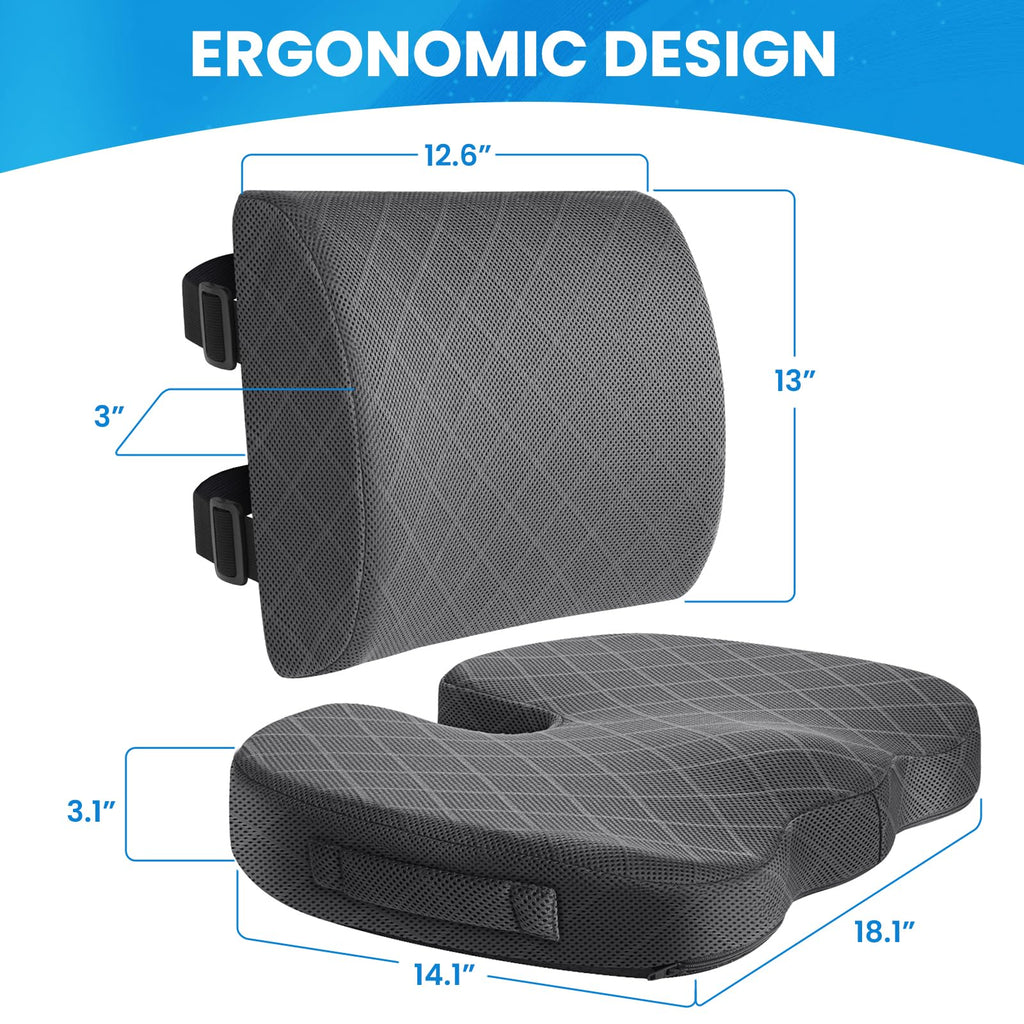 TushGuard Back&Seat Cushion, Car Seat Office Chair Cushions, Sciatica & Back Coccyx Tailbone Discomfort Easing Chair Pad, Memory Foam Lumbar Support Pillow for Desk, Wheelchair, Driving (Grey)