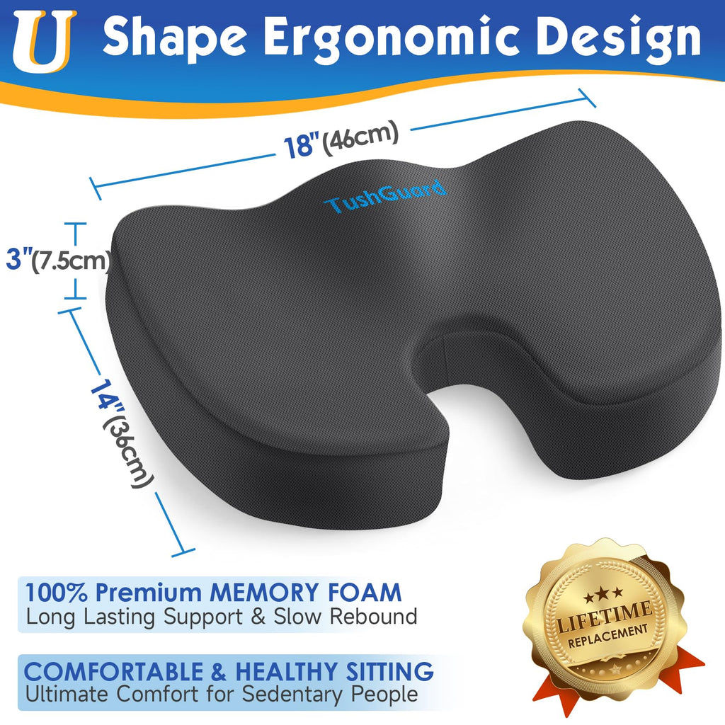 TushGuard Seat Cushion for Office Chair Memory Foam Non-Slip Desk Seat Cushion Back, Coccyx, Sciatica, Tailbone Pain Relief Butt Pillow for Office Chair, Car, Wheelchair, Grey