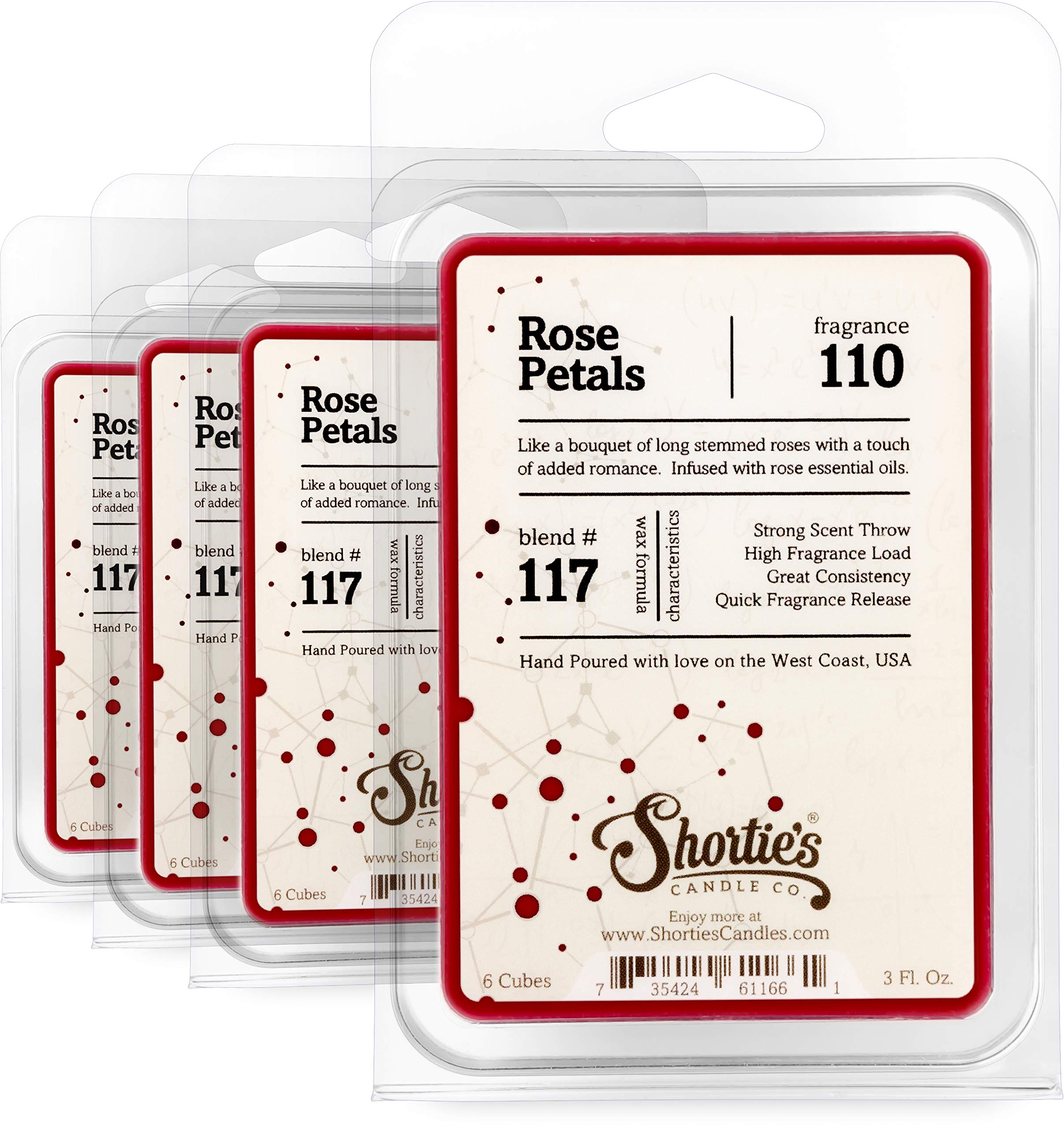 Shortie's Candle Company Rose Petals Wax Melts Bulk Pack - Formula 117-4 Highly Scented 3 Oz. Bars (12 Oz. Total) - Made with Natural Oils - Flower & Floral Air Freshener Cubes Collection