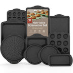 BAKKEN Kitchen Baking Pan Set - Nonstick Coating, Carbon Steel Bakeware Sets with Gray Silicone Handles, Baking Kitchen Essentials, PFOA, PFOS, PTFE Free, Oven Safe Tray (Up To 450° F), Set of 10