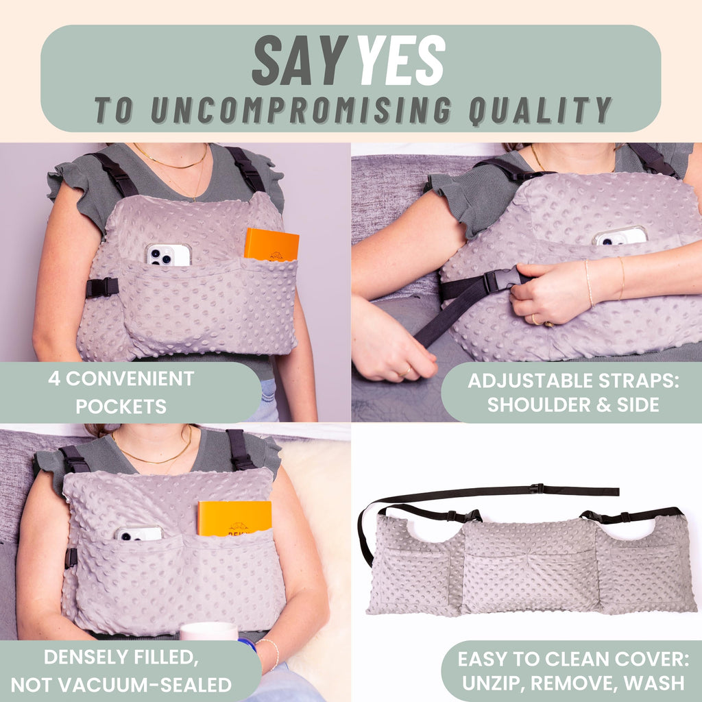MOYOAMA Bundle Grey Swiss Dots with Shower Bag: Mastectomy Pillow IR Design with Coldpack, Shower Bag, and Seatbelt Pillow