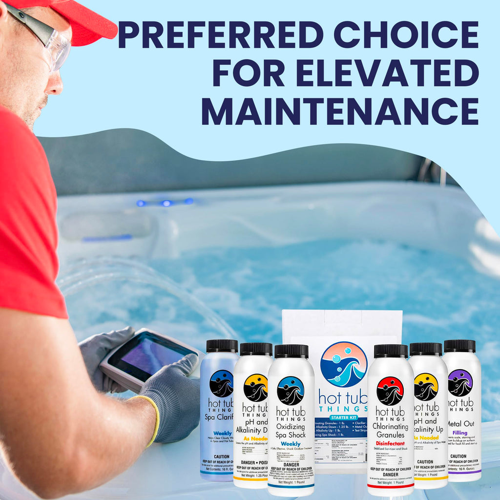Hot Tub Things - Chlorine Starter Kit - Hot Tub Chemicals Kit for Spa & Jacuzzi Maintenance, Pool Shock, Chlorine Granules, Test Strips, Alkalinity Up & Down, Clarifier, Metal Out, Oxidizer - 1 lb