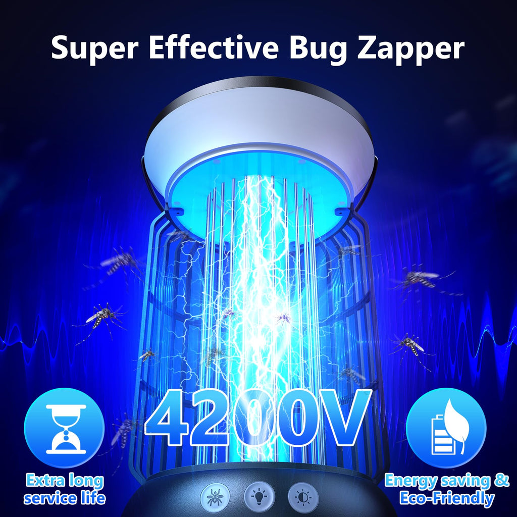 Solar Bug Zapper Outdoor, 4200V Effective Mosquito Zapper, Cordless Bug Zapper Outdoor, 4000mAH Rechargeable Fly Zapper, 4 Modes Insect Zapper for Patio, Porch, Kitchen, Bedroom