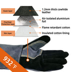 WZQH 16 Inches,932℉,Leather Welding Gloves, Heat/Fire Resistant,Large Mitts for BBQ,Oven,Grill,Fireplace,Tig,Mig,Forge,Baking,Furnace,Stove,Pot Holder,Animal Handling Glove.L Black-gray