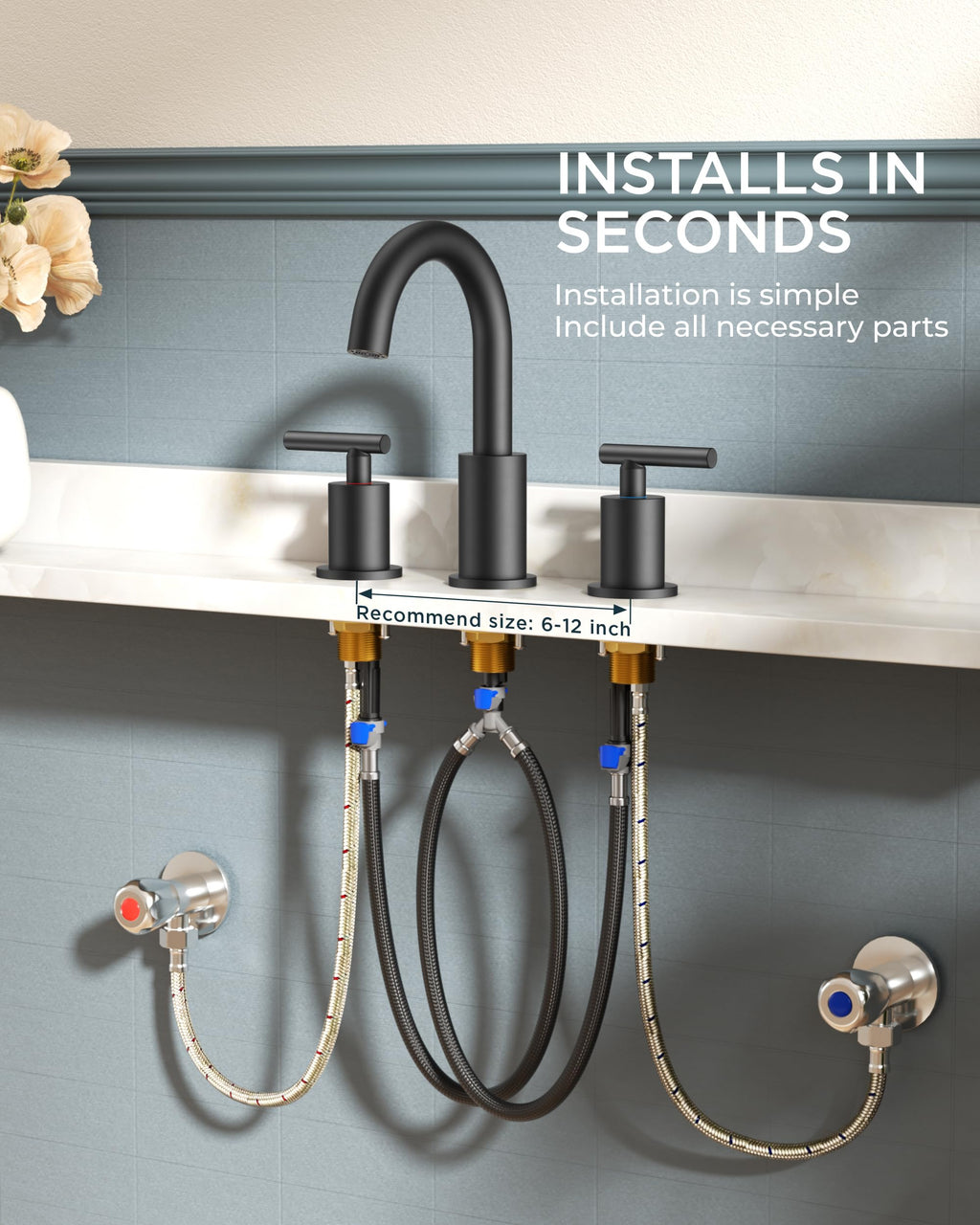 FORIOUS Black Bathroom Faucet 3 Hole, 8 Inch Matte Black Bathroom Sink Faucet Widespread with 360° Swivel Spout, Suitable for 6-12 Inch Vanity Sink, with Pop-up Drain and cUPC Supply Line