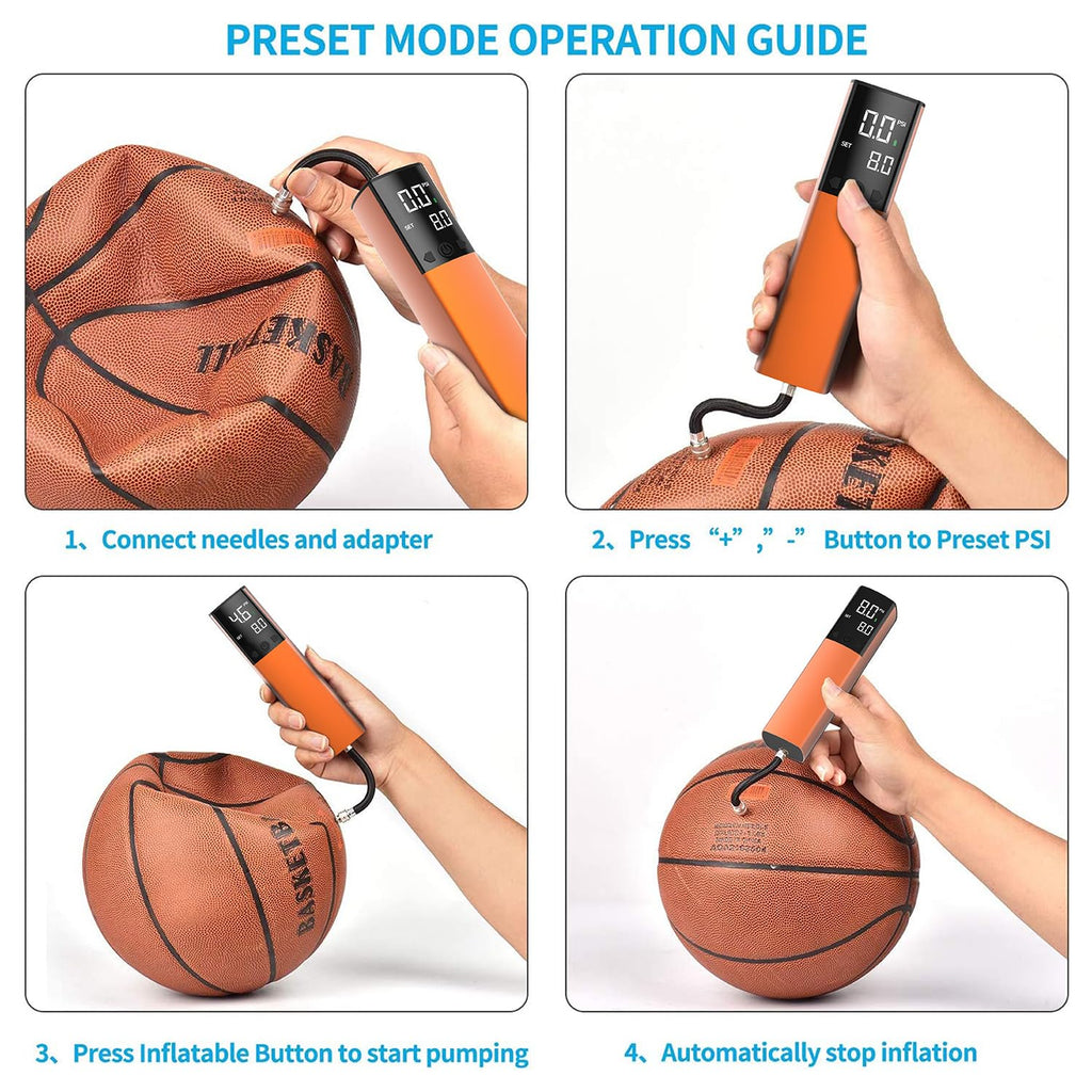 Electric Ball Pump, Smart Air Pump Portable Fast Ball Inflation with Precise Pressure Gauge and Digital LCD Display for Football Basketball Volleyball Football (2 Pin and 1 Spout) (Orange)
