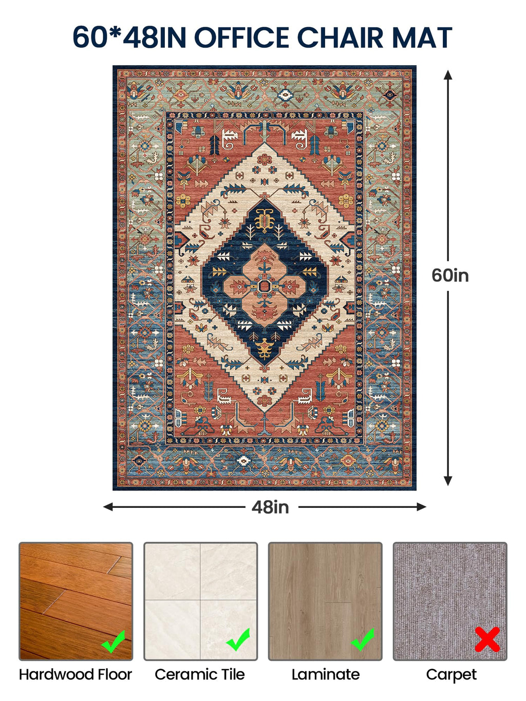 PROHALO Office Chair Mat for Hardwood Floor, 48"x60" Desk Chair Mat for Rolling Chairs, Non Slip Computer Chair Mat, Office Rug Mat for Office Home Hard Floor, Under Desk Mat for Gaming Chair-Red