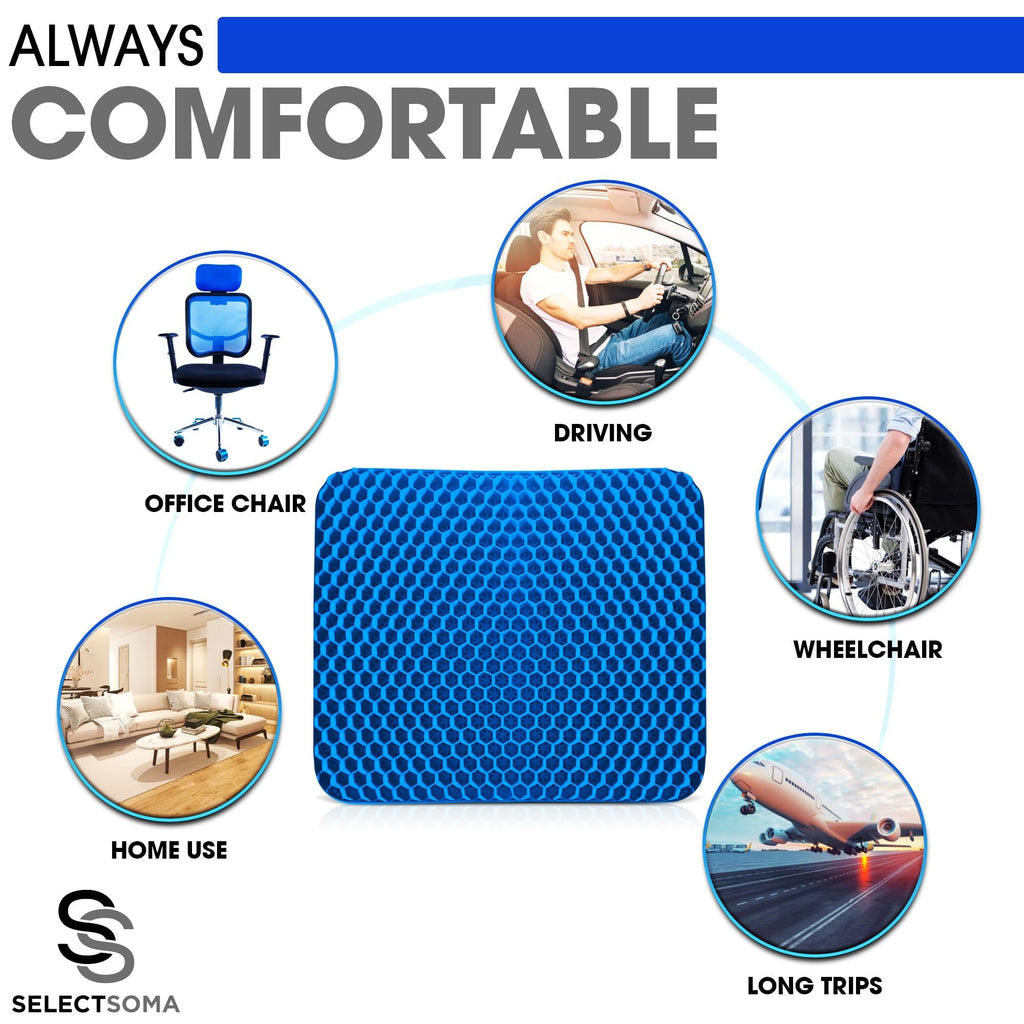 SelectSoma Large Gel Seat Cushion for Desk Chair - Pressure Relief for Back, Sciatica, Coccyx, and Tailbone Pain While Long Sitting – Wheelchair Cushion – Car and Truck Chair Pad