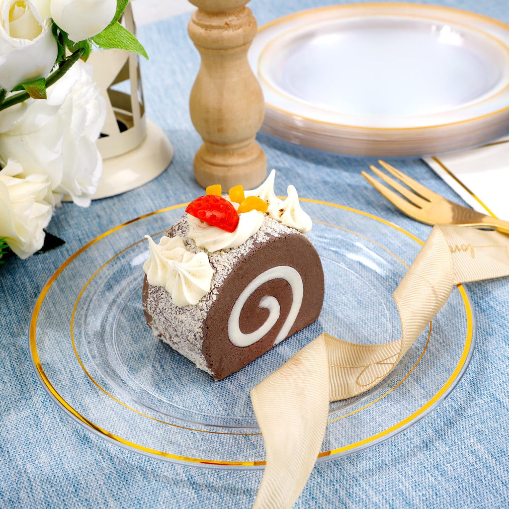 DaYammi 240 Pcs Gold Dessert Plates Set Includes 120 Gold Disposable Salad Plates 6.5" 120 Gold Plastic Forks 5.7",Clear Gold Rim Cake Plates,Fancy Gold Appetizer Plates for Party and Wedding