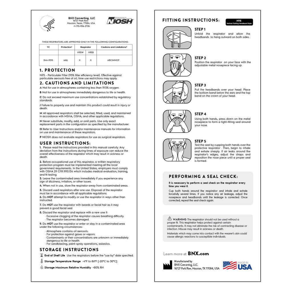 AccuMed BNX N95 Mask Black NIOSH Certified MADE IN USA Particulate Respirator Protective Face Mask (50-Pack, Approval Number TC-84A-9315 / Model H95B) Black