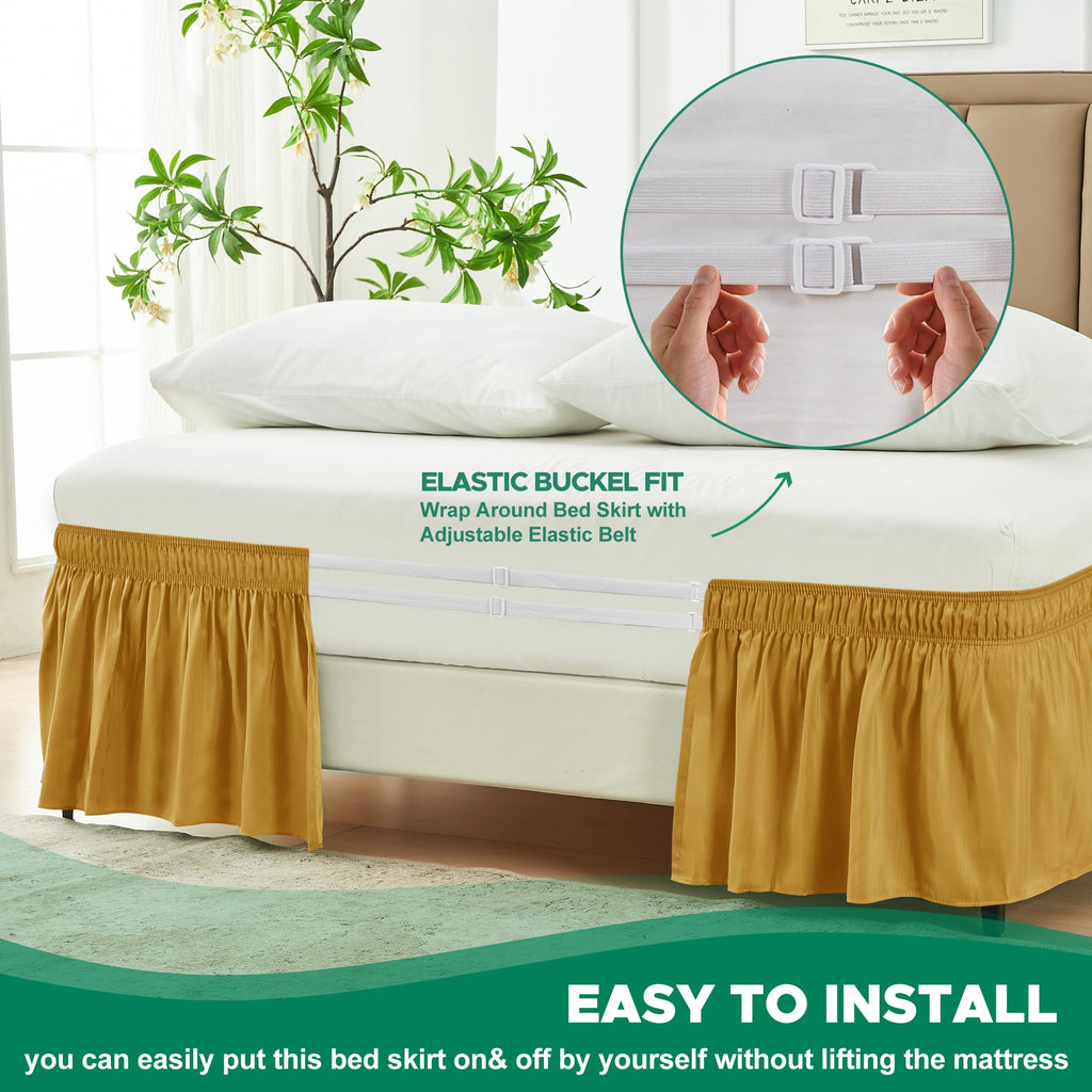 Biscaynebay Wrap Around Bed Skirts for Queen Beds15 Drop, Christmas Gold Adjustable Elastic Dust Ruffles Easy Fit Wrinkle & Fade Resistant Silky Luxurious Fabric Machine Washable